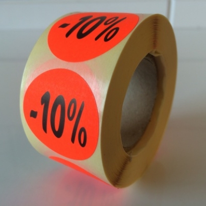 Afbeeldingen van fluorsticker rond 27mm rood, met opdruk "10%" (rol 500st.)