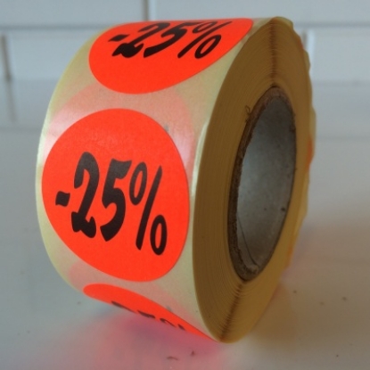 Afbeeldingen van fluorsticker rond 27mm rood, met opdruk "25%" (rol 500st.)