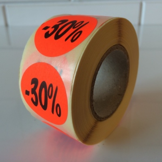 Afbeeldingen van fluorsticker rond 27mm rood, met opdruk "30%" (rol 500st.)