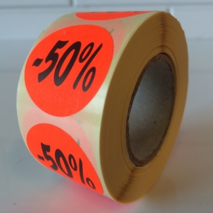 Afbeeldingen van fluorsticker rond 27mm rood, met opdruk "50%" (rol 500st.)