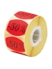 Afbeeldingen van fluorsticker rond 27mm rood, met opdruk "50%" (rol 500st.)