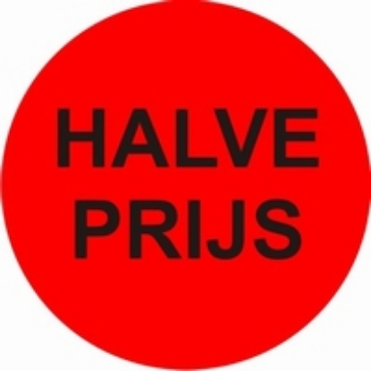 Afbeeldingen van fluorsticker rond 35mm, met opdruk HALVE PRIJS