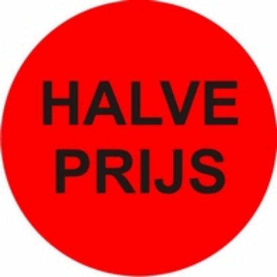 Afbeeldingen van fluorsticker rond 35mm, met opdruk HALVE PRIJS