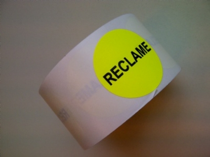 Afbeeldingen van fluorsticker geel rond 35mm, met opdruk RECLAME