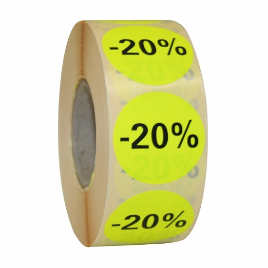 Afbeeldingen van fluorsticker rond 27mm GEEL, met opdruk "20%" (rol 500st.)