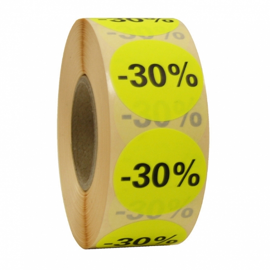 Afbeeldingen van fluorsticker rond 27mm GEEL, met opdruk "30%" (rol 500st.)