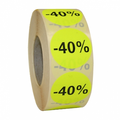 Afbeeldingen van fluorsticker rond 27mm GEEL, met opdruk "40%" (rol 500st.)