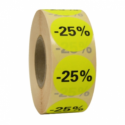 Afbeeldingen van fluorsticker rond 27mm GEEL, met opdruk "25%" (rol 500st.)