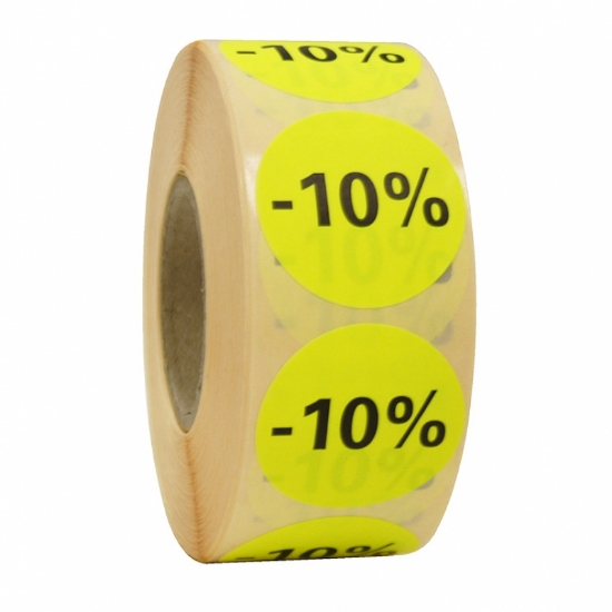 Afbeeldingen van fluorsticker rond 27mm GEEL, met opdruk "10%" (rol 500st.)