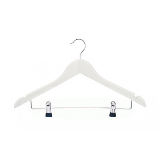 Afbeeldingen van witte houten kledinghanger 44cm, met klemmenlat (100st.)